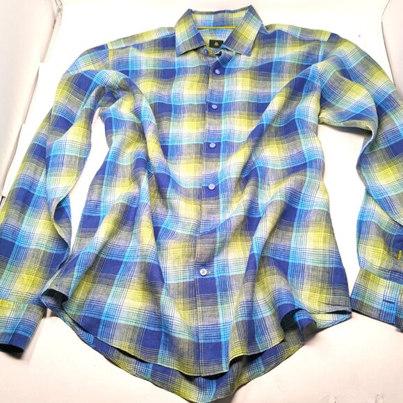 Robert Talbott Linen Shirt XL Long Sleeve Colorful Blue Yellow Plaid button down - Picture 6 of 13